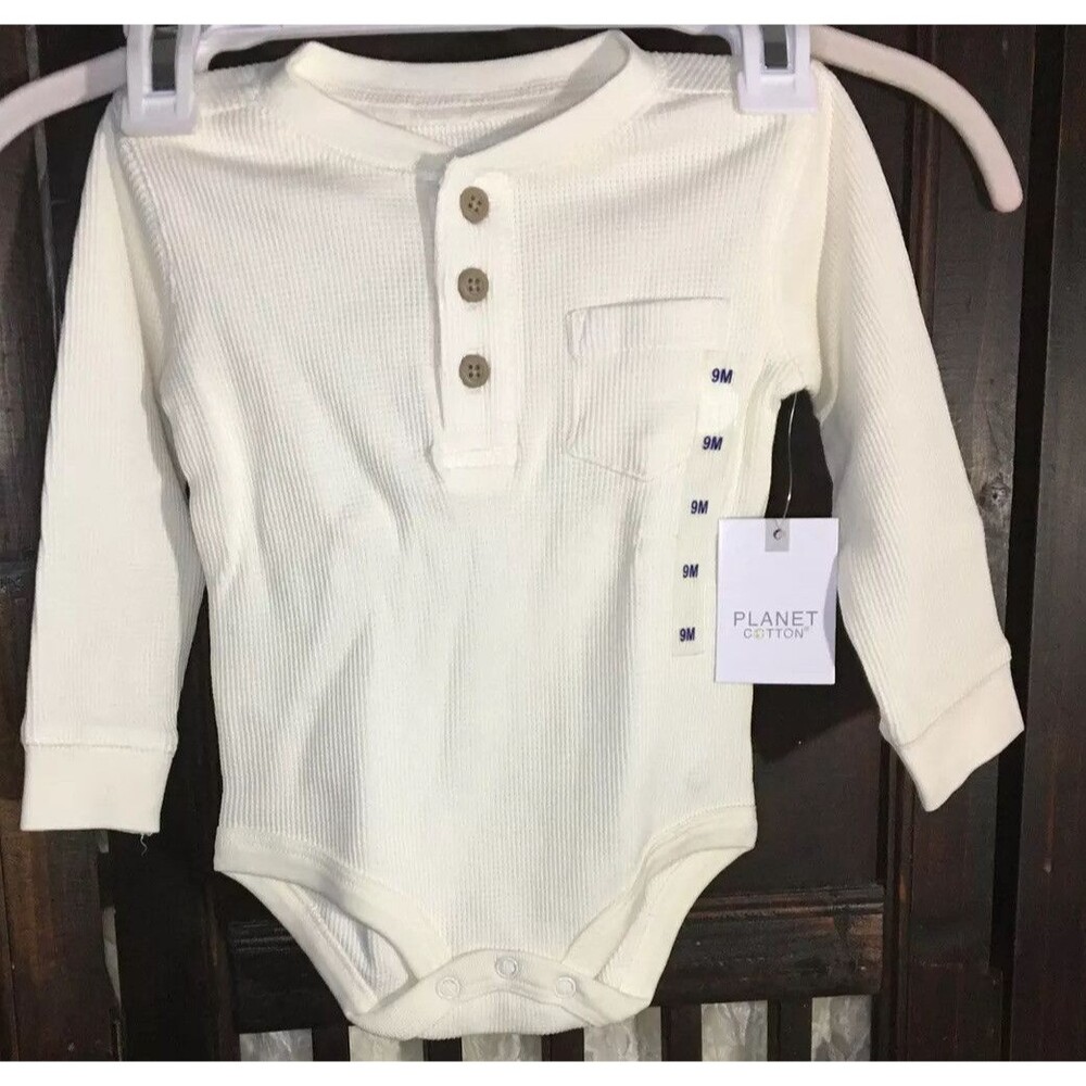 Planet Cotton Size 9M Thermal Henley Bodysuit in Ivory
